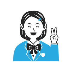 ピースサインをするブレザーを着た中学生の顔。シンプルなベクターイラスト。
Face of a middle school student wearing a blazer, making a peace sign. Simple vector illustration.