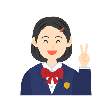 ピースサインをするブレザーを着た中学生の顔。フラットなベクターイラスト。
Face of a middle school student wearing a blazer, making a peace sign. Flat vector illustration.