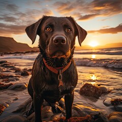 A close-up of a wet chocolate Labrador retriever standing on a rocky beach as the sun sets in the...