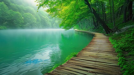 Tranquil Wooden Pathway Leading to Serene Lake Surrounded by Lush Green Trees