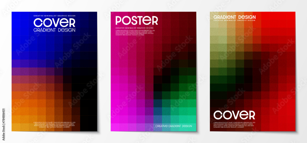 Poster cover design with a pixels mosaic pattern abstract dark color gradient texture background set. desig