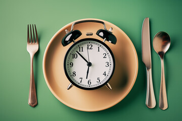 Alarm clock with fork and knife symbolizing time to eat