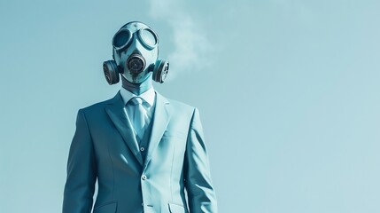 Futuristic man in a gas mask, light turquoise suit, white background - obrazy, fototapety, plakaty