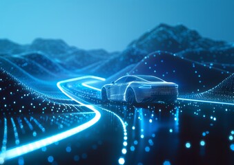 Smart car driving on the blue data highway, smart car concept, digital communication concept