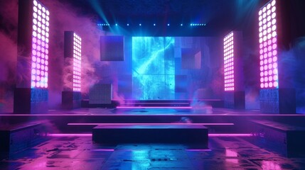 Blank mockup of a futuristic and abstract outdoor stage with geometric shapes and LED panels for a visually stunning New Years Eve event. . - obrazy, fototapety, plakaty