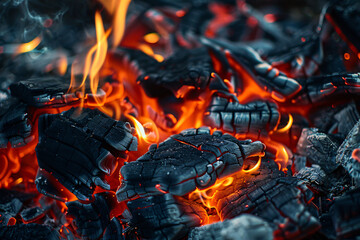 Crackling yellow flames lick at the burning logs in a cozy fireplace - obrazy, fototapety, plakaty