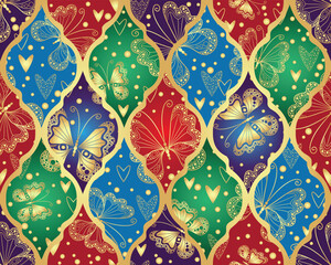 Seamless geometric colorful vintage pattern of shapes with butterflies and hearts and balls. Vector image