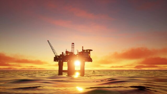 Aerial View Of Offshore Jack Up Drilling Rig During Sunset, Oil And Gas Industry