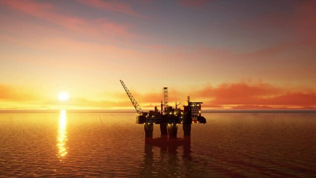 Aerial View Of Offshore Jack Up Drilling Rig During Sunset, Oil And Gas Industry