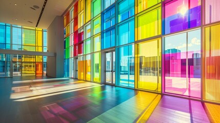 The room is alive with vibrant hues dancing and shifting as sunlight filters through the colored glass panels. The play of colors creates a vibrant and everchanging backdrop bringing .