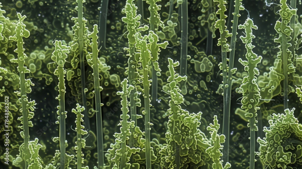 Poster a scanning electron microscope image of multiple algal cells resembling a mini forest of slender gre