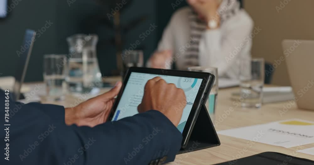 Poster hands, meeting and tablet with screen for data analytics, planning and research for business proposa