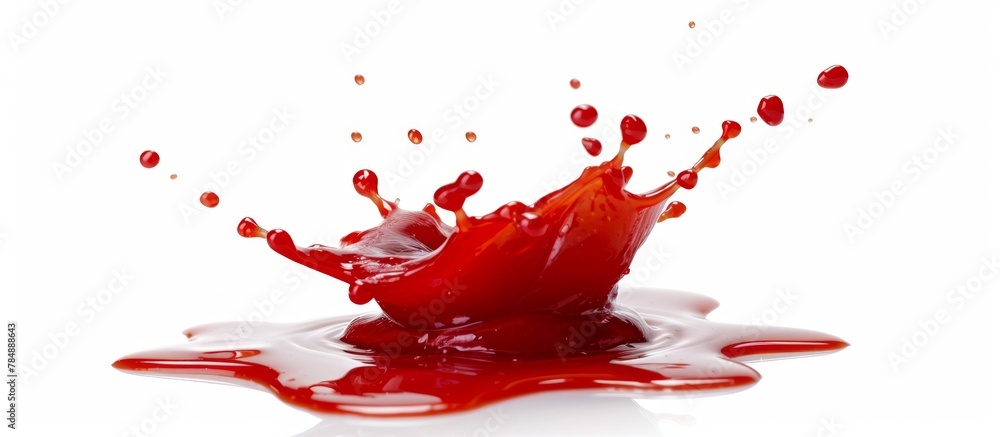 Poster a close-up image capturing the moment when a bright red liquid is splashing and spreading on a clean