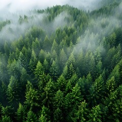 Aerial view of a pacific northwest forest packed with pine and fir trees and a low lying fog
