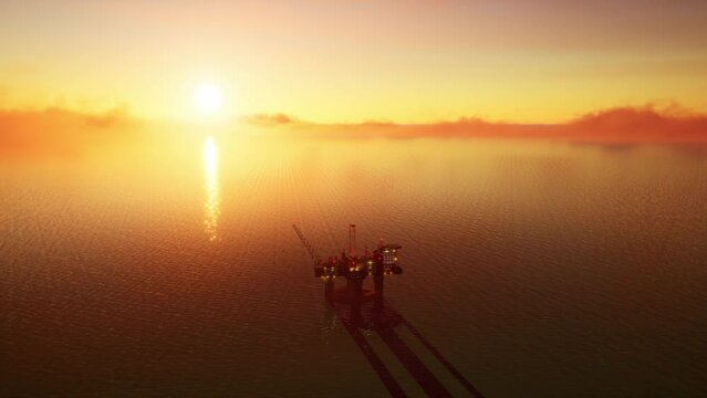 Aerial View Of Offshore Jack Up Drilling Rig During Sunset, Oil And Gas Industry