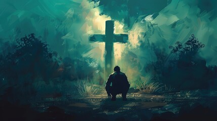 Concept of a man kneeling and praying in front of a cross. - obrazy, fototapety, plakaty