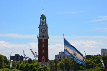 View of the Argentine flag, Torre Monumental or Torre de los Ingleses and Plaza General San Martin...
