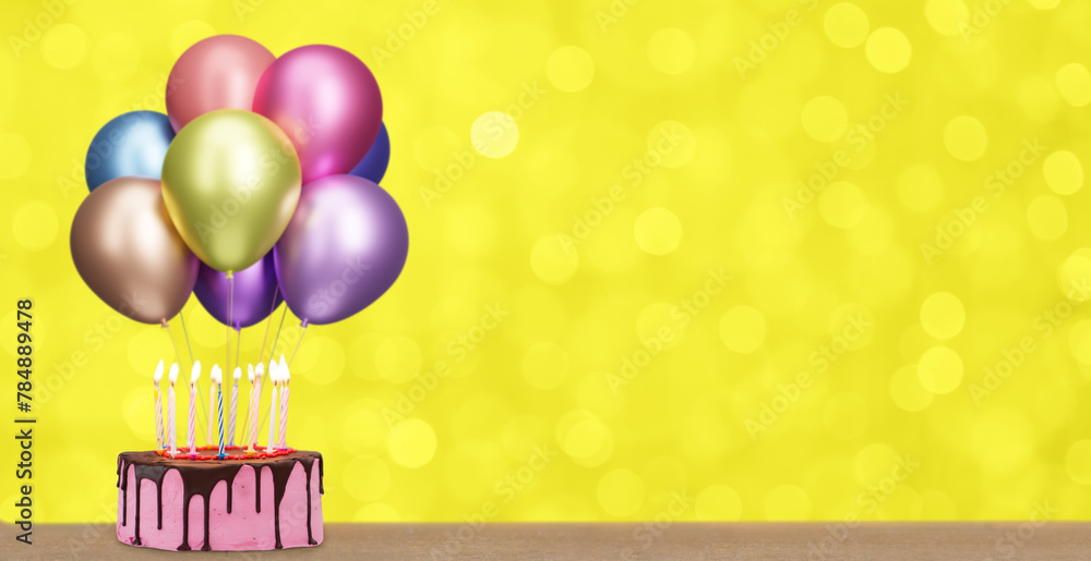 Poster Birthday cake with bunch of colorful balloons on blurred yellow background. Empty space for text. 3d rendering