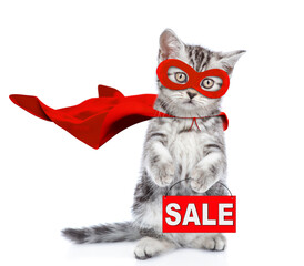 Cute kitten wearing superhero costume looking at camera and  showing signboard with labeled 