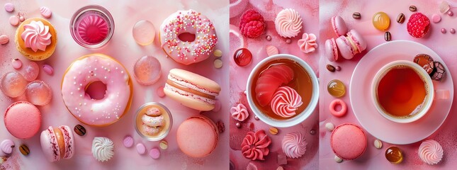 food and coffee, featuring pink donuts, macarons, colorful candies, coffee cups, tea glass, symmetrical composition