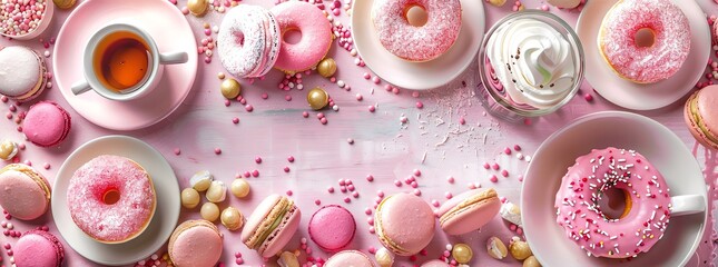 food and coffee, featuring pink donuts, macarons, colorful candies, coffee cups, tea glass, symmetrical composition - obrazy, fototapety, plakaty