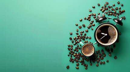 The alarm clock shape is filled with coffee, with a green background and white space around - obrazy, fototapety, plakaty