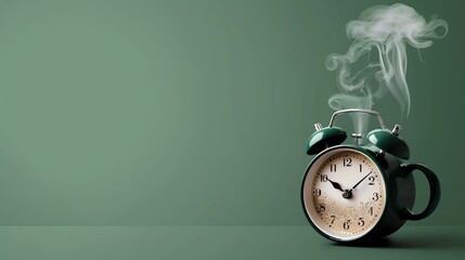A clock shaped like a coffee cup with steam rising from it, set against a green background The design is simple and modern - obrazy, fototapety, plakaty