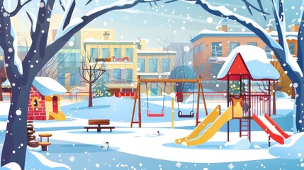 A playground in a public park or a kindergarten yard covered with snow in winter.