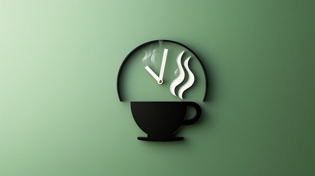 A clock shaped like a coffee cup with steam rising from it, set against a green background The design is simple and modern