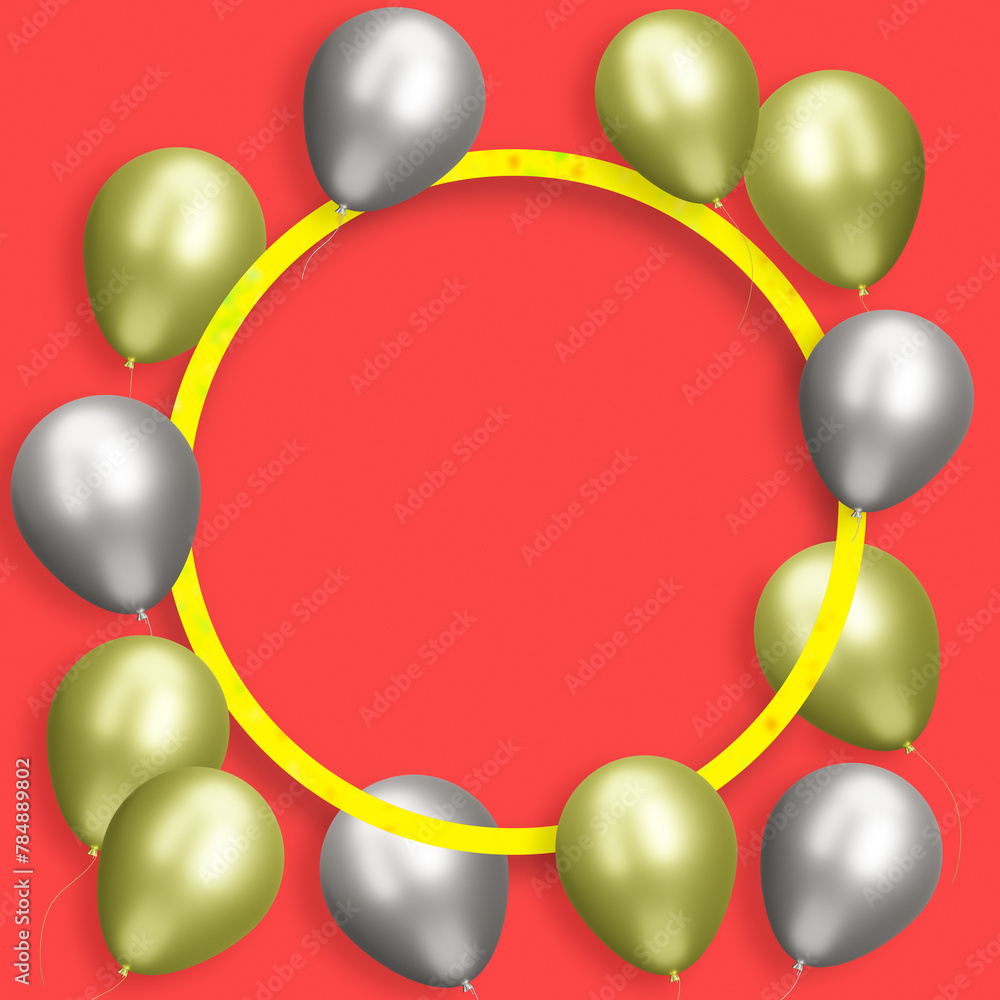 Aufkleber Yellow round frame with gold and silver balloons on red background. Empty space for text. 3d rendering