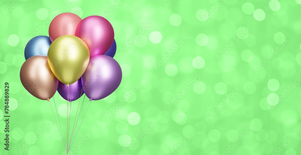 Aufkleber Bunch of shiny colorful balloons on blurred green background. Empty space for text. 3d rendering