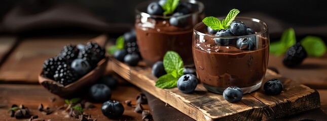 a glass of dark chocolate mousse with blueberries and blackberries on top, on a wooden board
