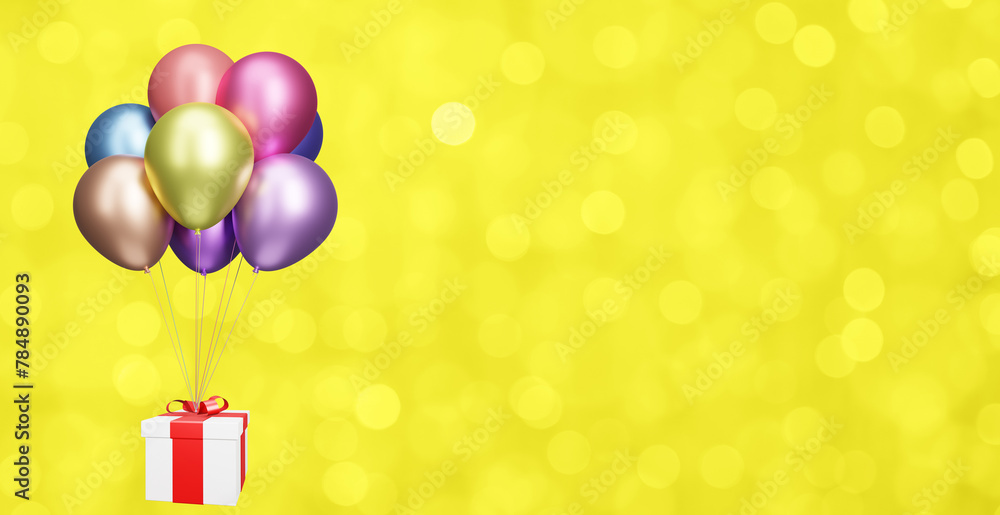 Aufkleber Flying gift box with multicolored shiny balloons on blurred yellow background. 3d rendering. Empty space for text