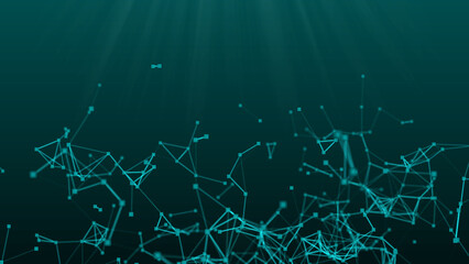 abstract green blue digital flowing particles plexus connection moving background