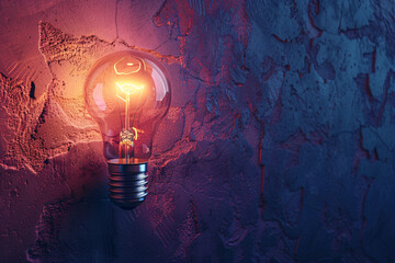 A glowing light bulb on a dark wall, symbolizing innovation and creativity - obrazy, fototapety, plakaty