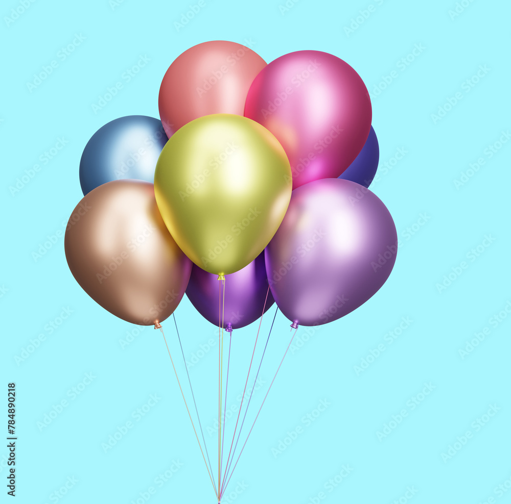 Poster bunch of shiny multicolored balloons isolated on blue background. 3d rendering