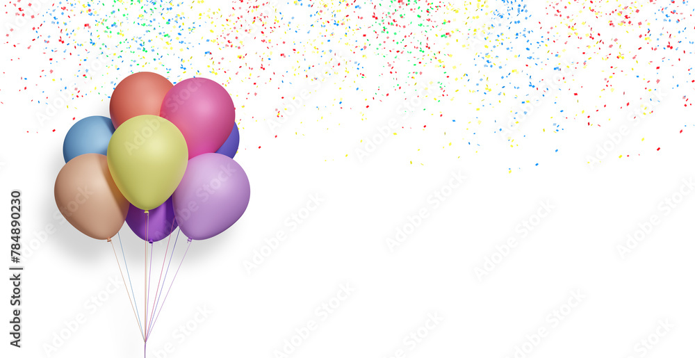 Aufkleber Bunch of colorful balloons on white background with confetti. Empty space for text. 3d rendering