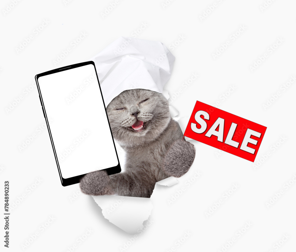 Poster happy cat wearing chef's hat looking through the hole in white paper showing smartphone with white b