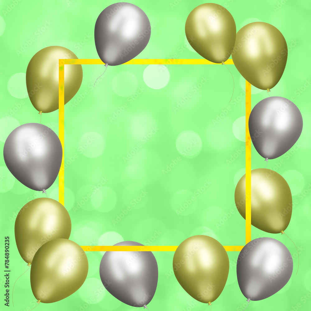 Aufkleber Yellow frame with gold and silver balloons on blurred green background. Empty space for text. 3d rendering