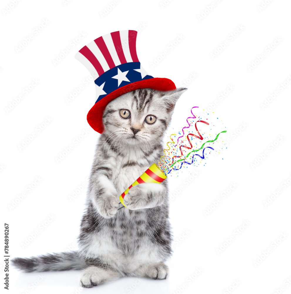 Poster cute kitten wearing like uncle sam explodes a firecracker. isolated on white background. 4th of july