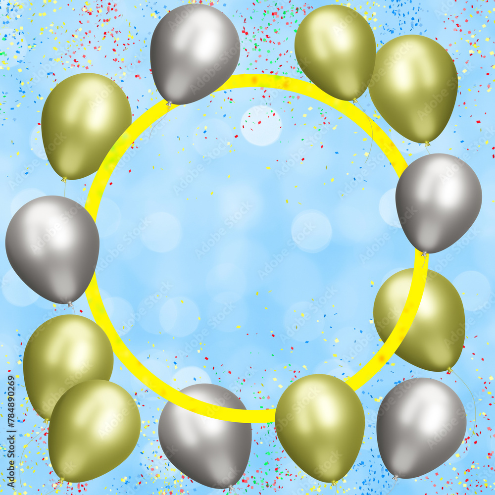 Poster Golden frame with gold and silver balloons on blurred blue background with confetti. Empty space for text. 3d rendering