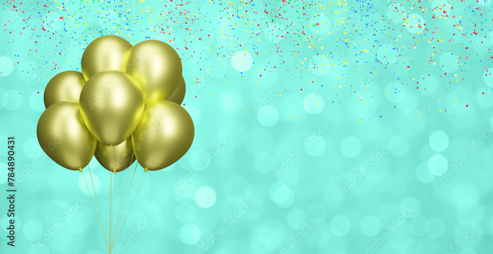 Poster bunch of gold balloons on blurred aquamarine or green background with confetti. empty space for text