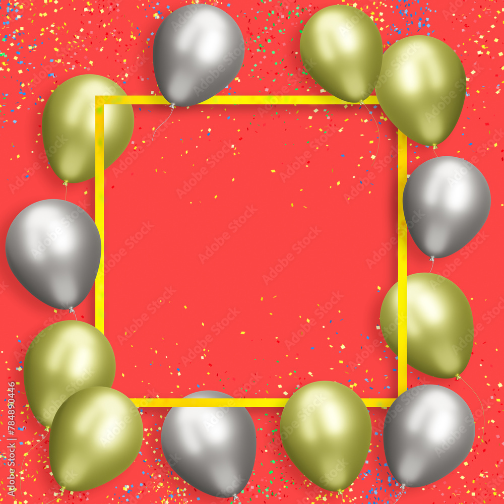 Aufkleber Golden frame with gold and silver balloons on red background with confetti. Empty space for text. 3d rendering