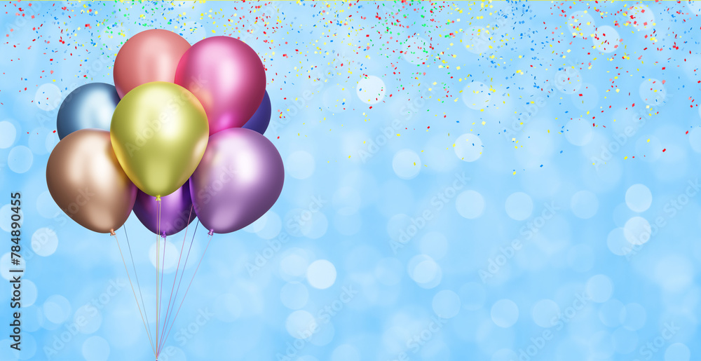 Poster Bunch of shiny colorful balloons on blurred blue background with confetti. Empty space for text. 3d rendering