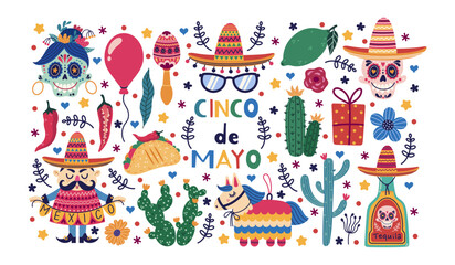 Cinco de Mayo vector set. Mexican holiday symbols - sombrero, tequila, lime, pinata, sugar skull, cactus. Man with a festive garland, maracas, taco. National carnival, fiesta. Cartoon doodle clipart