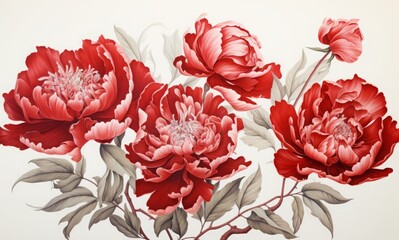 A painting of three red flowers with a grey background