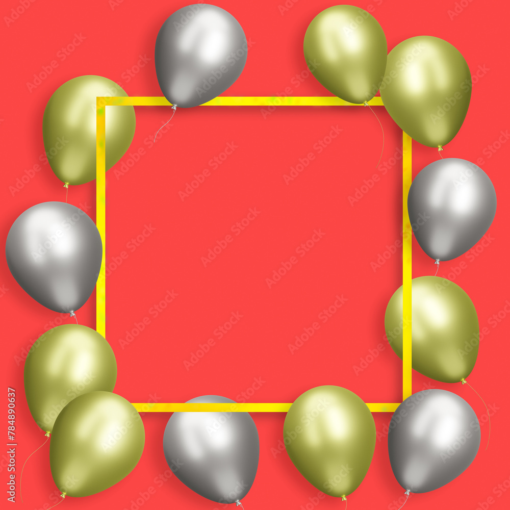 Aufkleber Golden frame with gold and silver balloons on red background. Empty space for text. 3d rendering