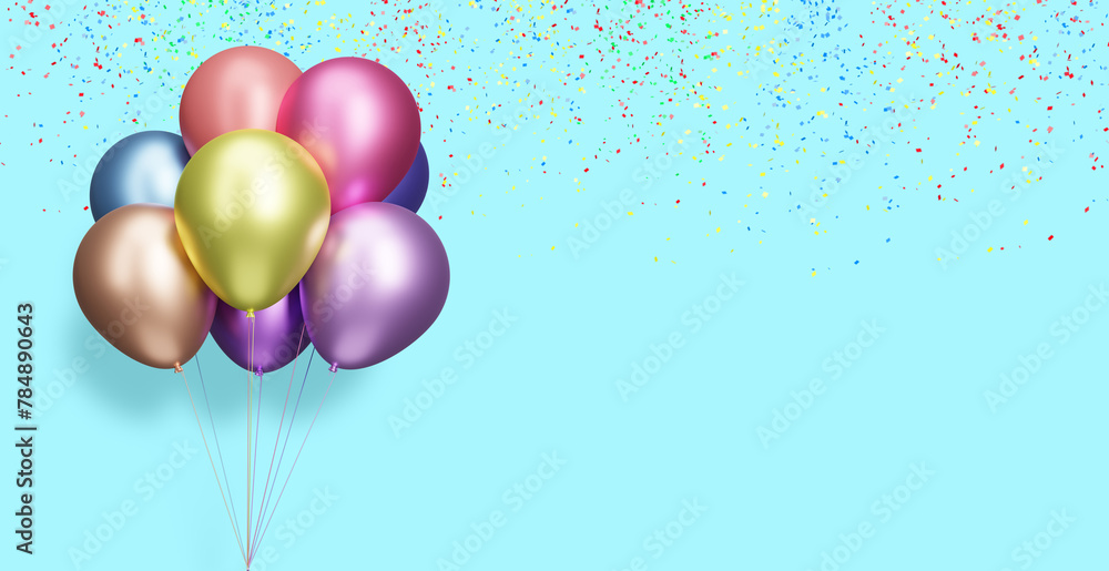 Aufkleber Bunch of colorful balloons on blue background with confetti. Empty space for text. 3d rendering