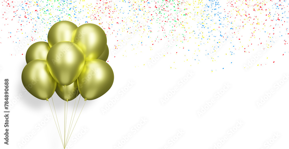 Aufkleber Bunch of gold balloons on white background with confetti. Empty space for text. 3d rendering