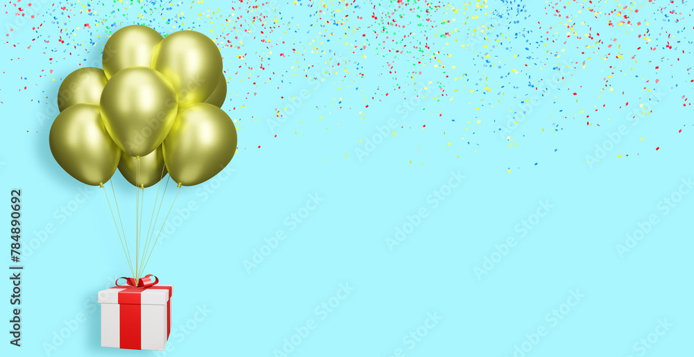 Poster flying gift box with shiny golden or yellow balloons on blue background with confetti. Empty space for text. 3d rendering